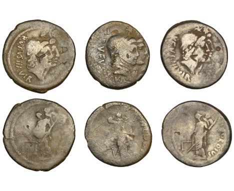 Roman Republican Coinage, Manius Cordius Rufus, Denarii (3), Rome, 46 BC, jugate head of the Dioscuri right, each wearing pil