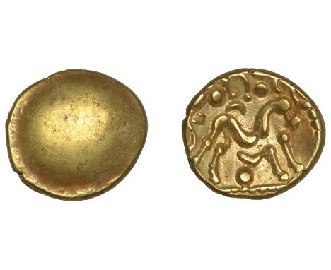 British Iron Age, GALLO-BELGIC, Stater, series E [Ambiani], Gallic War uniface type, shallow dome, rev. stylised horse standi