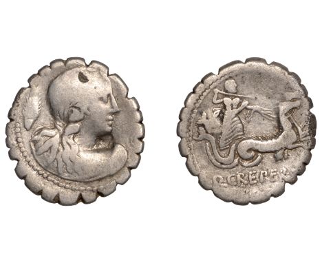 Roman Republican Coinage, Quintus Crepereius Marci Filius Rocus, Serrate Denarius, Rome, 72 BC, draped bust of Amphitrite rig