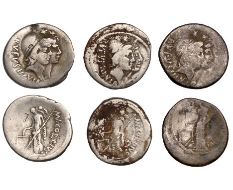 Roman Republican Coinage, Manius Cordius Rufus, Denarii (3), Rome, 46 BC, rvfvs iii vir behind jugate head of the Dioscuri ri