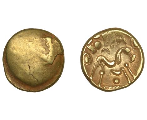 British Iron Age, GALLO-BELGIC, Stater, series E [Ambiani], Gallic War uniface type, shallow dome with pronounced die break, 