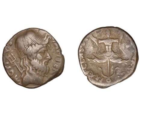 Roman Imperatorial Coinage, The Pompeians, Sextus Pompey, Denarius, Sicily, 42-40 BC, mag [––] imp iter, head of Neptune righ