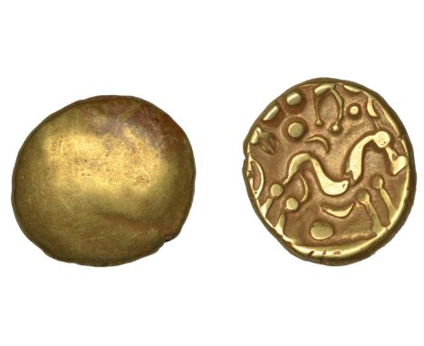 British Iron Age, GALLO-BELGIC, Stater, series E [Ambiani], Gallic War uniface type, shallow dome, rev. stylised horse standi