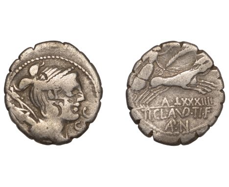 Roman Republican Coinage, Tiberius Claudius Nero, Serrate Denarius, Rome, 79 BC, s c before draped bust of Diana, bow and qui