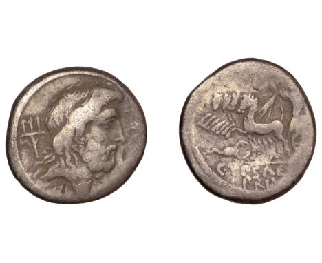 Roman Republican Coinage, Publius Plautius Hypsaeus, Denarius, Rome, 60 BC, [–] before head of Neptune, bearded, trident behi