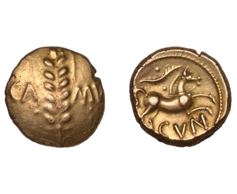 British Iron Age, CATUVELLAUNI, Cunobelin, AD 8-41, Stater, Linear type [Class 2], ca m[–], two pellets below m and pellet be