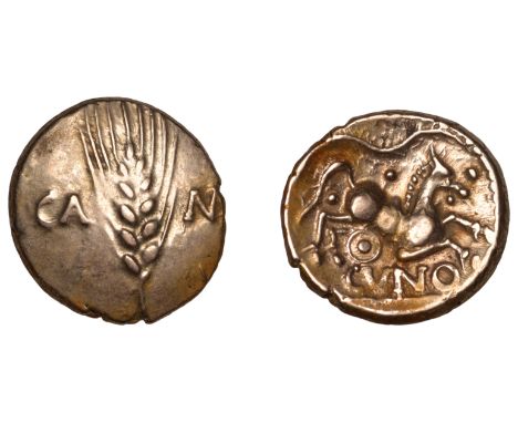 British Iron Age, CATUVELLAUNI, Cunobelin, AD 8-41, Stater, Plastic type [Class 6], ca m[–] divided by ear of barley with fiv