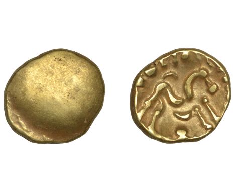 British Iron Age, GALLO-BELGIC, Stater, series E [Ambiani], Gallic War uniface type, shallow dome, rev. stylised horse standi