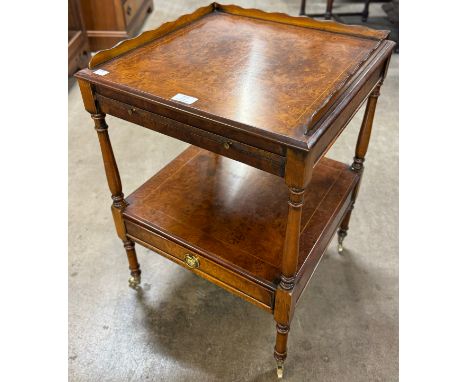 A burr walnut single drawer lamp table 