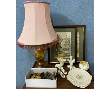 A gilt table lamp, assorted china, two prints, etc. 