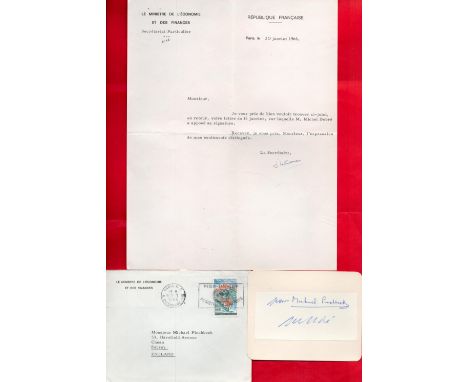 French PM Michel Jean Pierre Debre signed white card with letter from assistant on Premier Ministre letter head. The first Pr