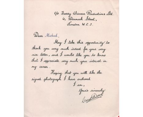 Singer Carol Deene hand written letter replying to a fan about her career. English pop singer and radio host who achieved suc