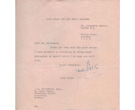 Jazz legend Jack Coles TLS typed signed letter 1947 replying to an autograph request. John Robert Coles (28 April 1914 - 24 A