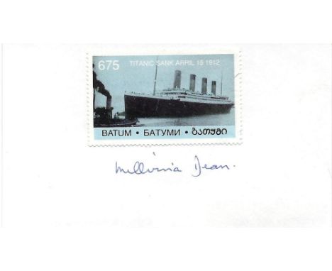 Titanic Survivor, Millvina Dean signed RMS Titanic card with stamp affixed. This card was personally signed by Dean, the youn