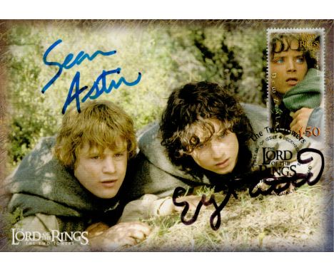 Elijah Wood and Sean Astin, actors. A Lord of the Rings: The Two Towers New Zealand Post First Day Postcard, signed by both a