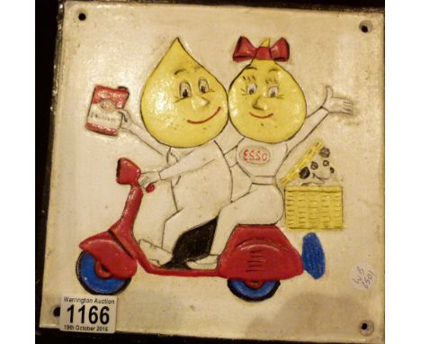 ESSO SIGN. Cast iron Esso man and woman square sign, L: 25 cm 