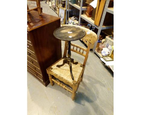 TABLE & CHAIR. Painted white table on tripod base and an elm rush seated chair