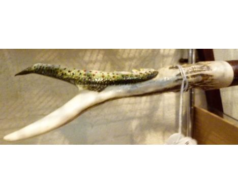 WALKING STICK. Hand carved antler salmon handled walking stick L: 100