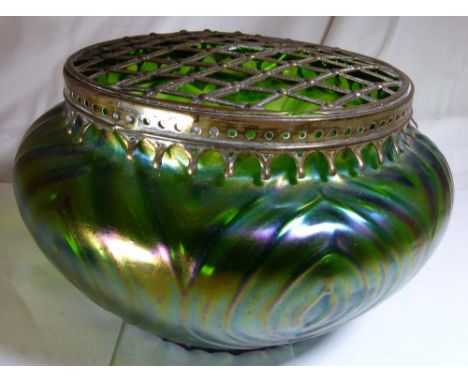 GLASS BOWL. Iridescent glass rose bowl  CONDITION REPORT: This item has some small chips where the lid has rubbed.