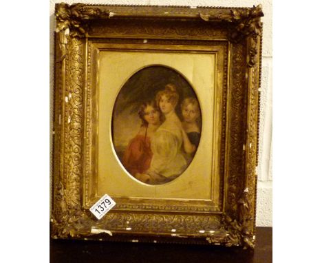 THREE SISTERS OIL. Portrait of three sisters oil in gilt frame inscribed "Fanny, Elizabeth and Anne" 1833, Signature indistin