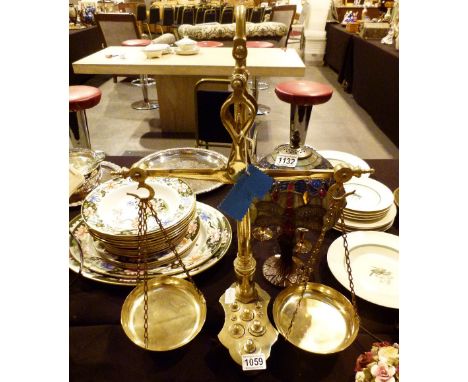 BRASS SCALES. Brass beam scales by Libra & Co with shaped brass base and set of integral weights