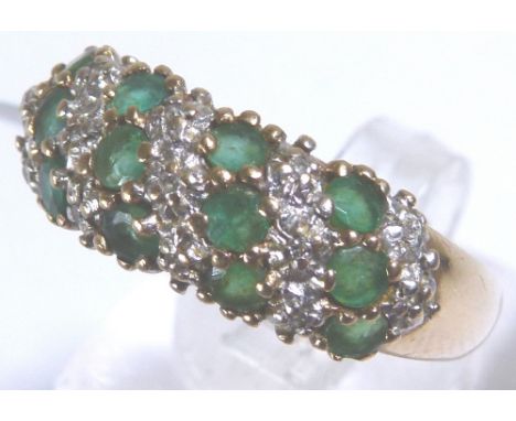 9 CT RING. 9 ct gold emerald and diamond half eternity ring, size R