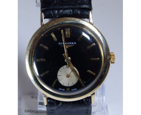 GENTS LONGINES WRISTWATCH. Gents black faced wristwatch  working at lotting up CONDITION REPORT: We are not prepared to take 