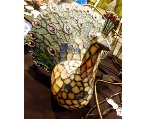TIFFANY LAMP. Large Tiffany style peacock table lamp CONDITION REPORT: Item is in Working Order, no apparent damage 