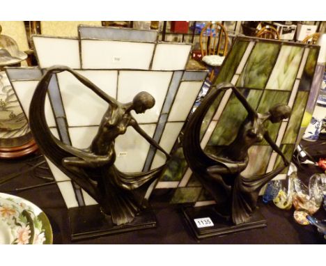 ART DECO TABLE LAMPS. Pair of Art Deco style figural table lamps with glass backs
