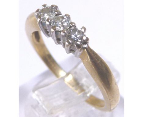 18 CT DIAMOND RING. 18 ct gold and three diamond ring, size J/K