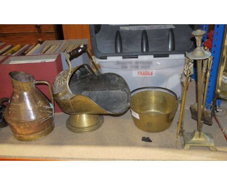 Brass coal scuttle&nbsp;with wooden carry handle and embossed decoration, a large copper jug, a brass jam pan, a brass-colour