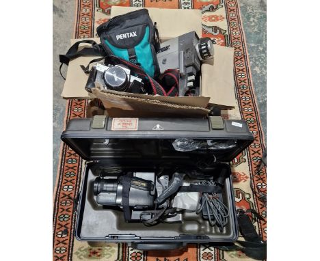Various cameras and lenses to include and AGEA Rondinox, Polaroid 600, Praktika LTL, Elmo 8mm movie camera and a Sharp VL-C73