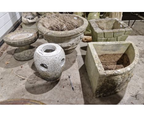 Collection of eight reconstituted stone garden ornaments, viz: bird bath, square, quarter round, herb planter and swag decora