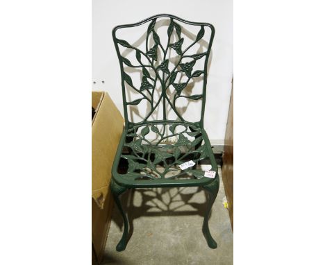 Four green metal garden chairs, Coalbrookdale-style,&nbsp;a circular glass topped table, 102cm diameter and two matching squa