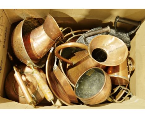 Large copper pan, three brass pans&nbsp;with metal handles, a set of three brass saucepans, a copper kettle, a brass watering