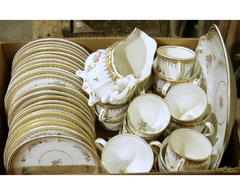 Part tea service, probably Victorian, with gilt edges, floral decorations on a white ground, to include cups, saucers, tea pl