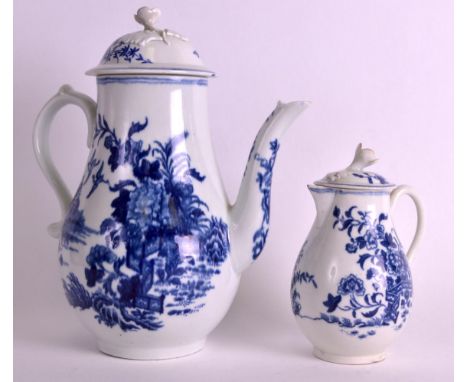 AN 18TH CENTURY WORCESTER BLUE AND WHITE COFFEE POT AND COVER together with a sparrowbeak jug & cover. 9ins high & 5.75ins hi