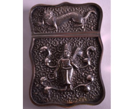 AN EARLY 20TH CENTURY SOUTH EAST ASIAN WHITE METAL CIGARETTE CASE decorated with figures and animals. 3.25ins x 2.25ins.