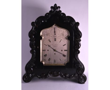 A LARGE MID 19TH CENTURY EBONISED BRACKET CLOCK BY BARBER OF YORK with engraved silvered dial, decorated all over with flower