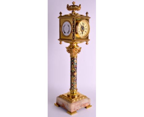 A RARE AND UNUSUAL LATE 19TH CENTURY FRENCH CHAMPLEVE ENAMEL MANTEL CLOCK the four sided top with clock, calendar, barometer 