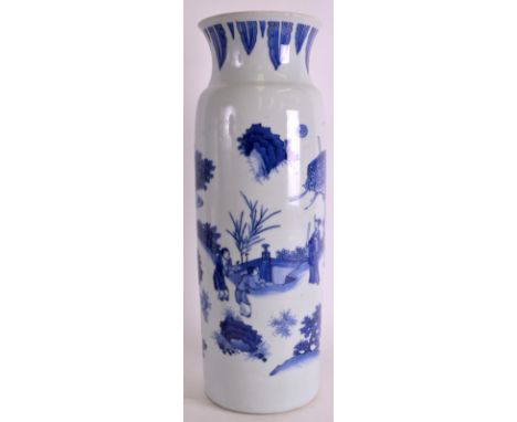 A SUPERB 17TH CENTURY CHINESE TRANSITIONAL PERIOD ROULEAU VASE of large proportions, exceptionally decorated with two childre
