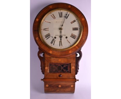 A VICTORIAN INLAID WALNUT ANGLO AMERICAN WALL CLOCK by R Stone of Wellington. 2ft 4ins long.