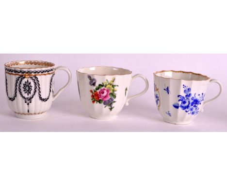AN 18TH CENTURY WORCESTER FACETTED COFFEE CUP together with two others of various designs. 2.75ins high. (3)