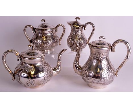 A FINE LATE 19TH CENTURY CHINESE EXPORT SILVER FOUR PIECE TEASERVICE C1880 comprising of a teapot, coffee pot, milk jug &amp;