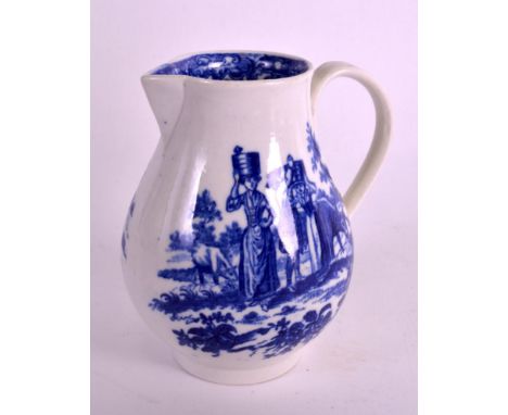 AN 18TH CENTURY WORCESTER SPARROWBEAK JUG printed with milkmaids and cattle. 4ins high.