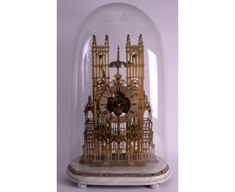 A GOOD 19TH CENTURY GOTHIC STYLE SKELETON CLOCK by Baron Hill of Crewe, contained within a fitted case dome, upon a white mar