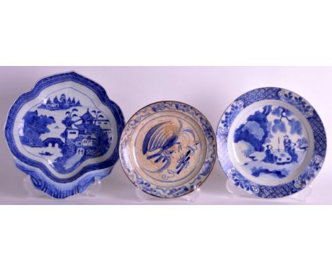 AN EARLY 18TH CENTURY CHINESE BLUE AND WHITE KANGXI PLATE together a Qianlong dish &amp; another. Largest 8.75ins wide. (3)