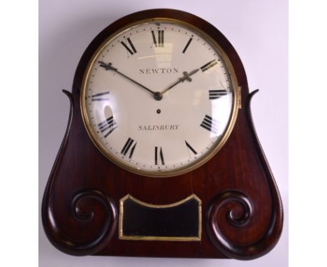 A MID 19TH CENTURY NEWTON OF SALISBURY 12INCH BOW DIAL FUSEE CLOCK within a mahogany gallery case, with cast locking bezel, s