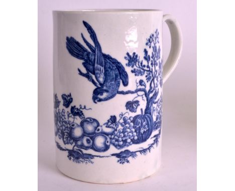 A VERY RARE 18TH CENTURY WORCESTER PORTER MUG printed with the Parrot pecking fruit pattern. 6.5ins high.