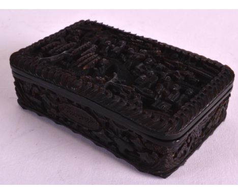 A MID 19TH CENTURY CHINESE CARVED CANTON TORTOISESHELL SNUFF BOX decorated with figures within landscapes in various pursuits